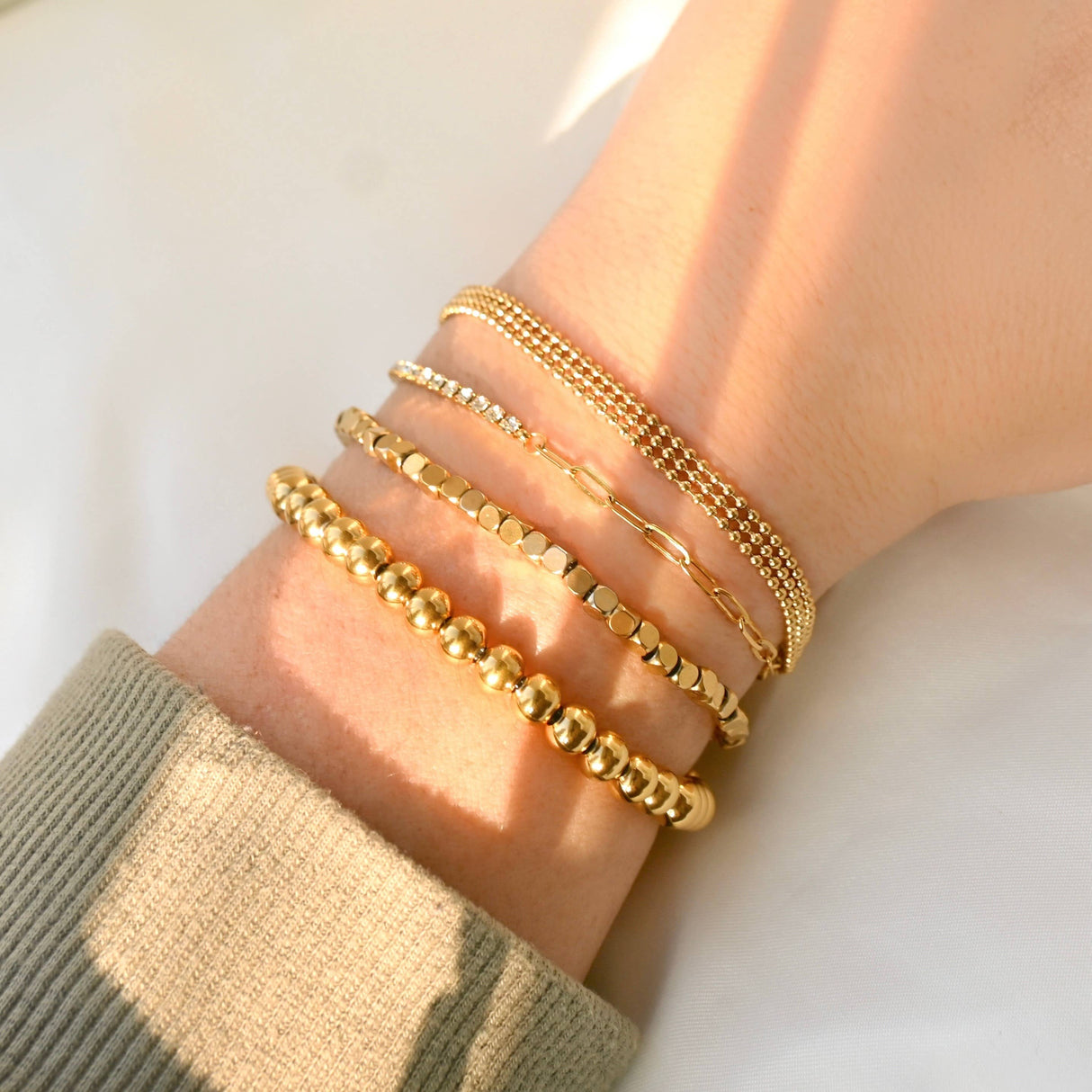 18k Gold Beaded Paperclip & Tennis Bracelet