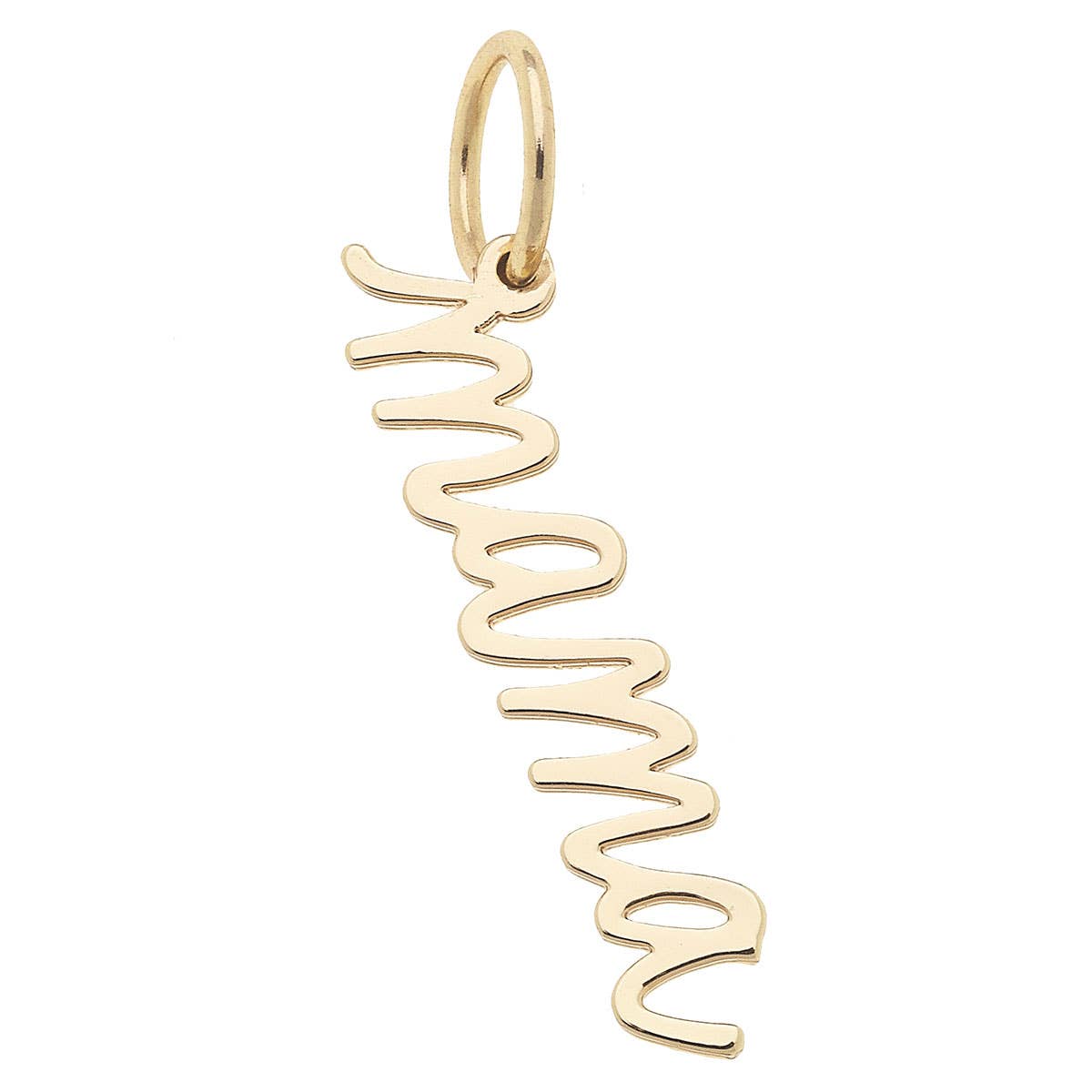 "Mama" Cursive Script Charm in Shiny Gold