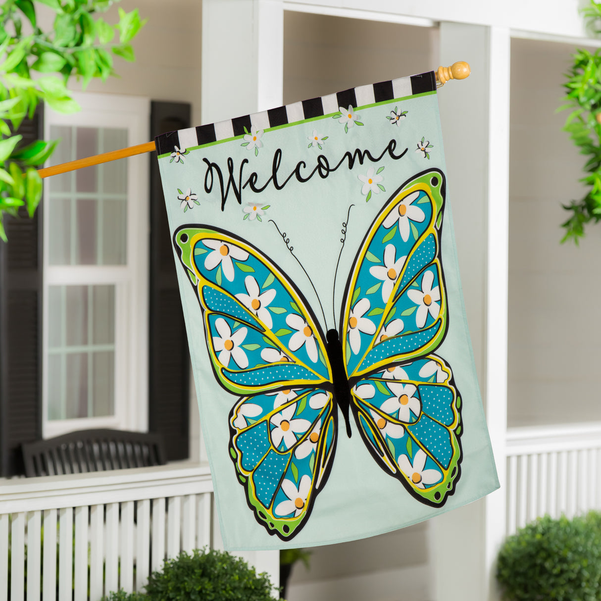 Floral Butterfly Welcome Linen House Flag