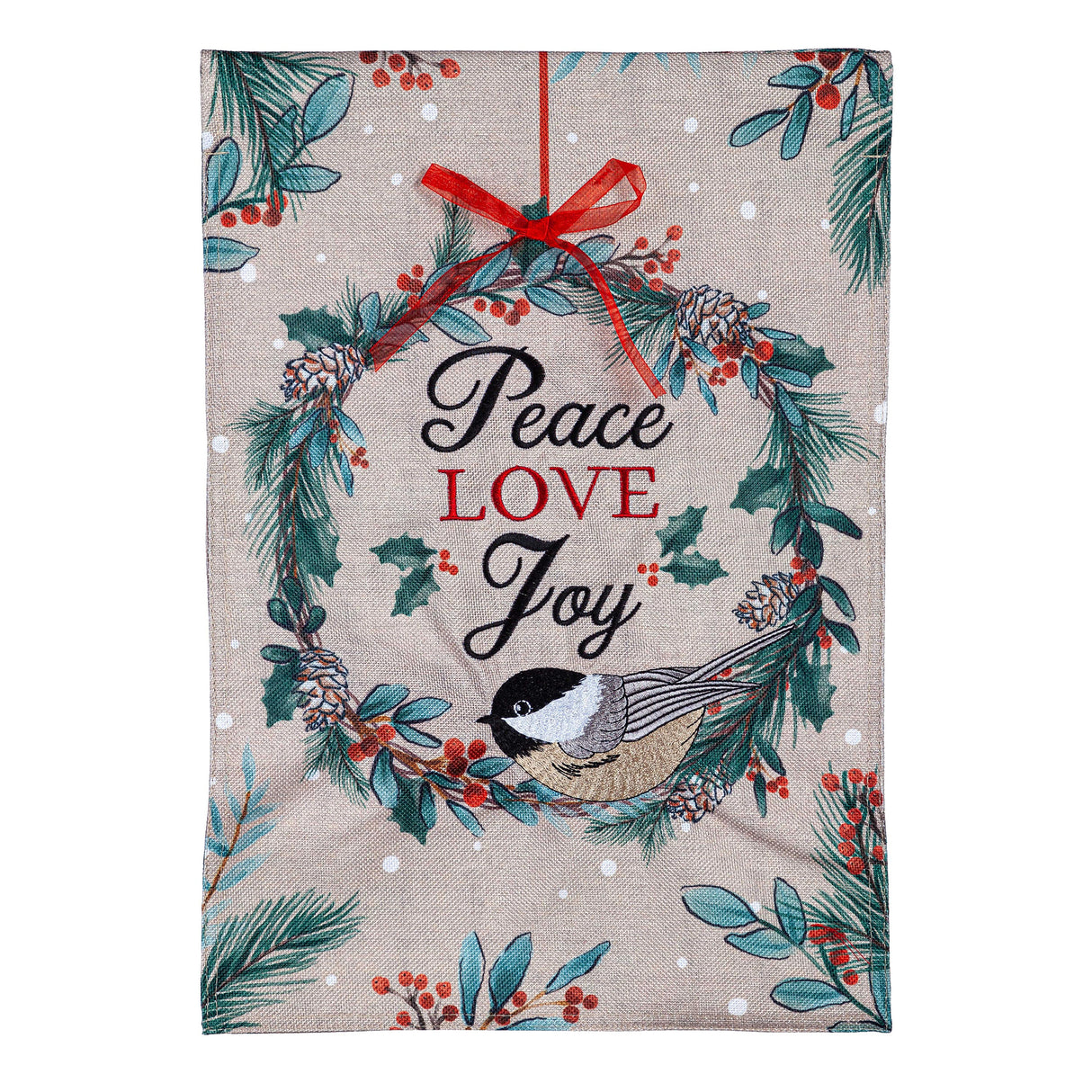 Chickadee Wreath Burlap Garden Flag