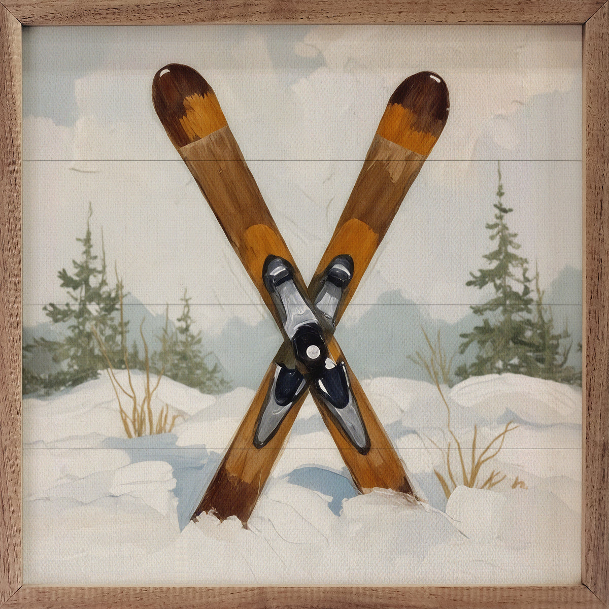 Skis In The Snowy Pines Wood Art