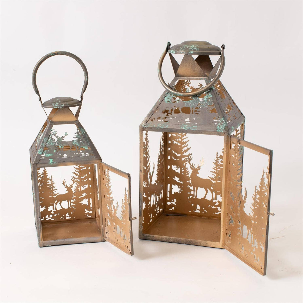 Close-up of woodland deer antiqued metal lantern detail from Magnolias Home Decor