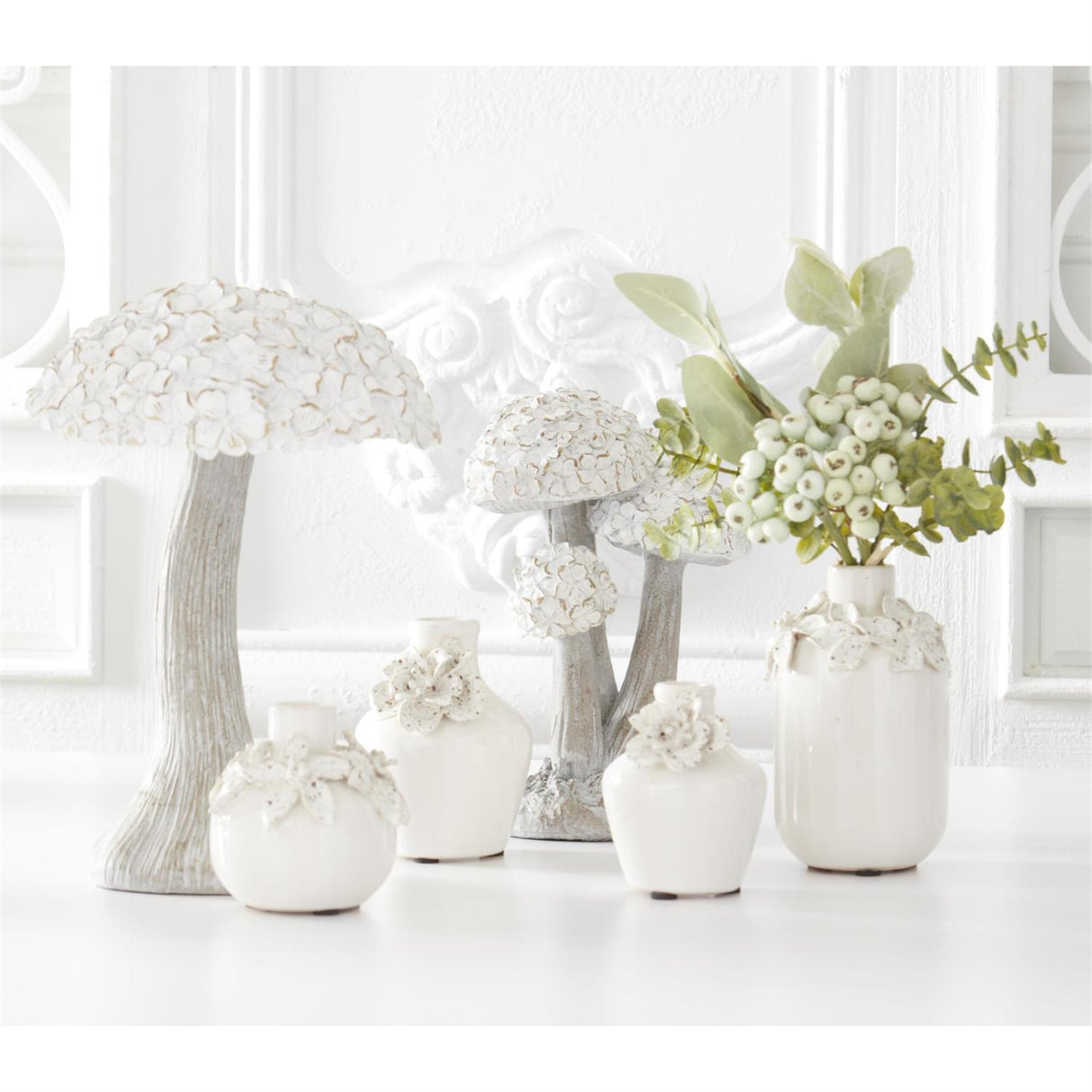 Whitewashed Resin Floral Top Mushroom -2 Sizes