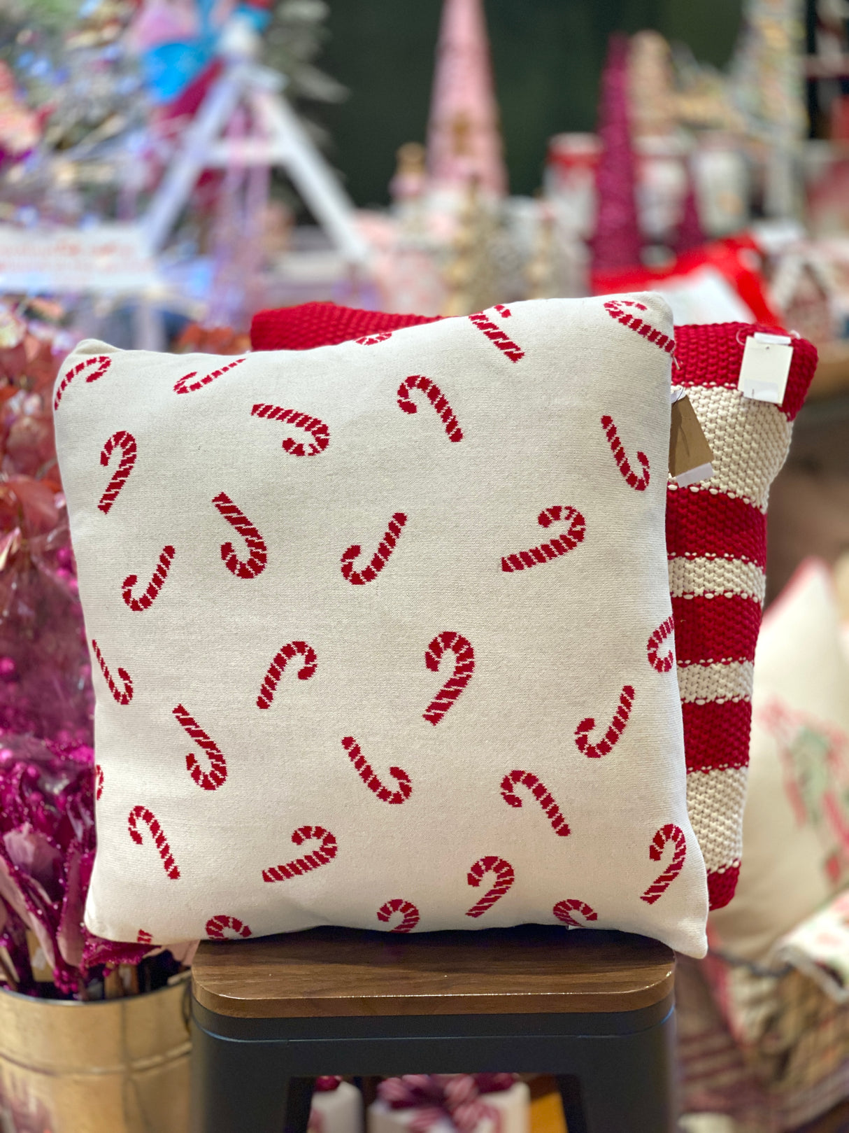 Red Cotton Knit Candy Cane Pillow