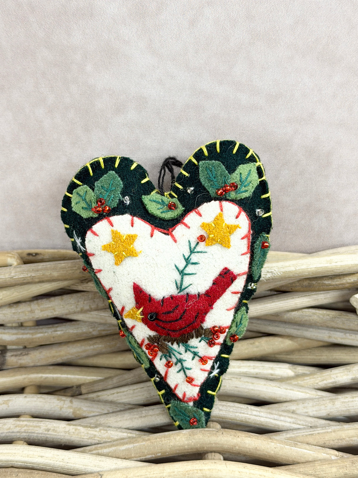 Handmade Heart & Cardinal Perch Ornament