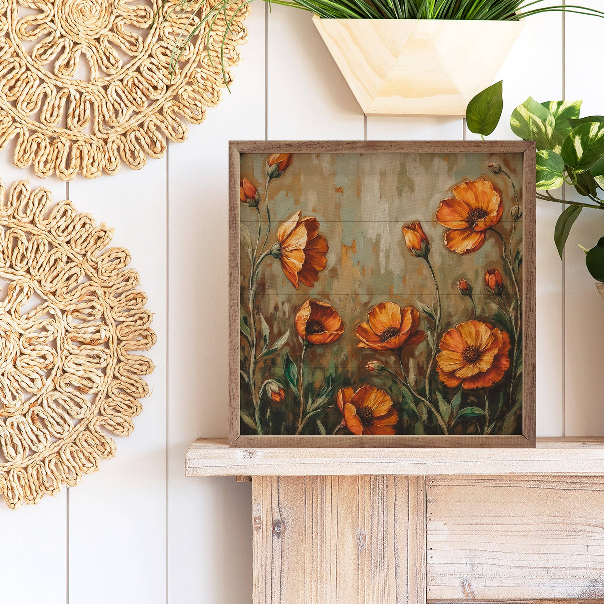 Orange Poppies Dark Grass Wood Art