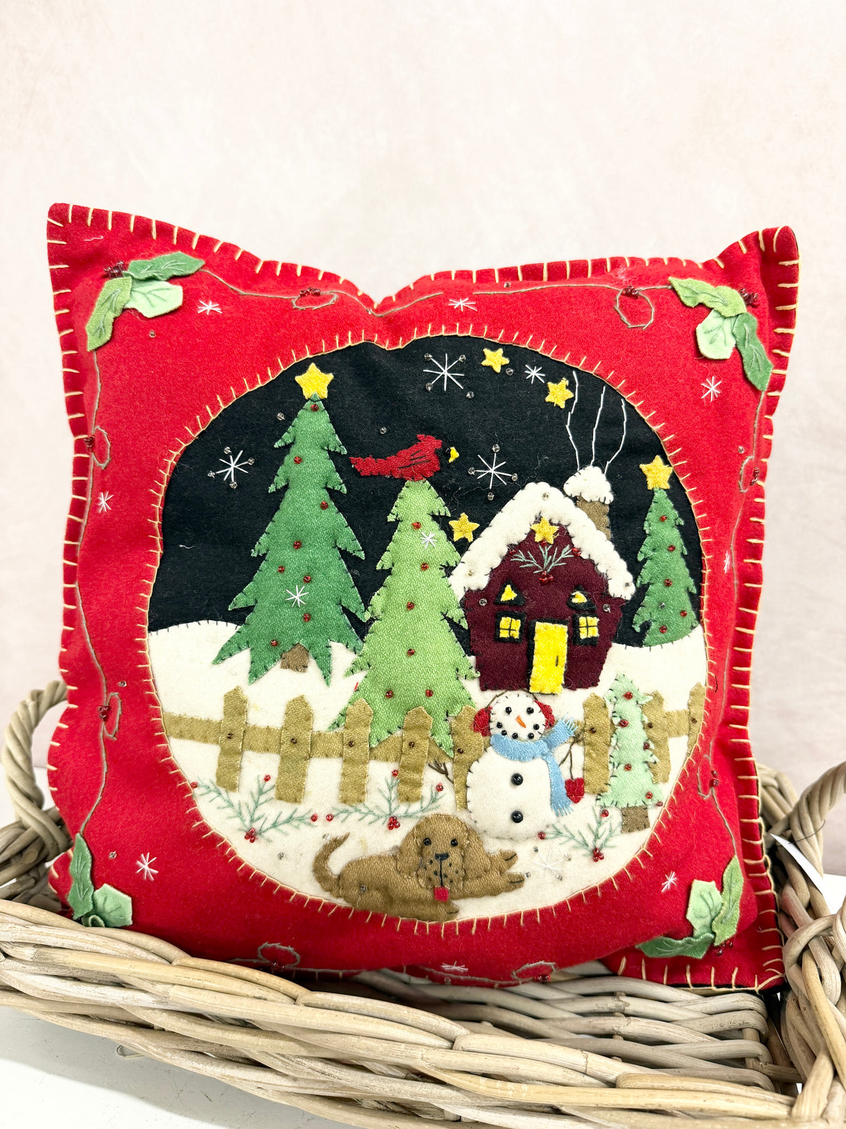 Handmade Snowman & House Pillow