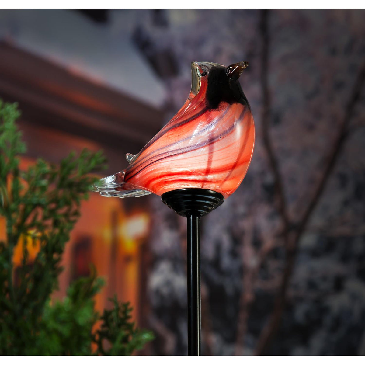 Close-up of snowbird art glass solar garden stake detail from Magnolias Home Decor