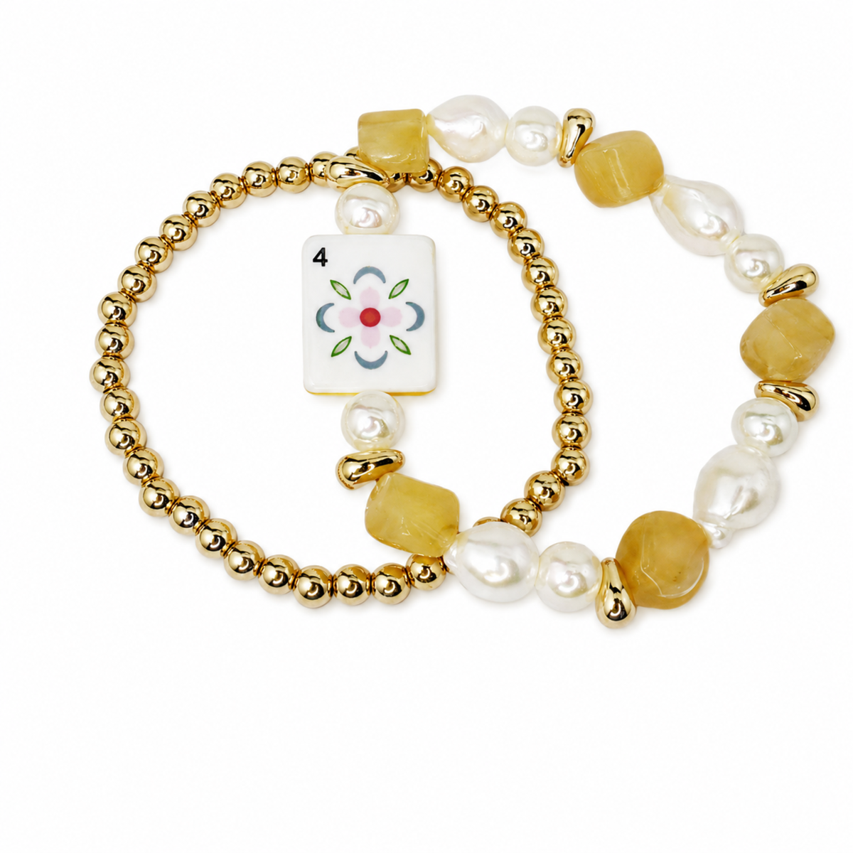 Lucky Pink Mahjong Tile Beaded Bracelet, 2-Piece Set