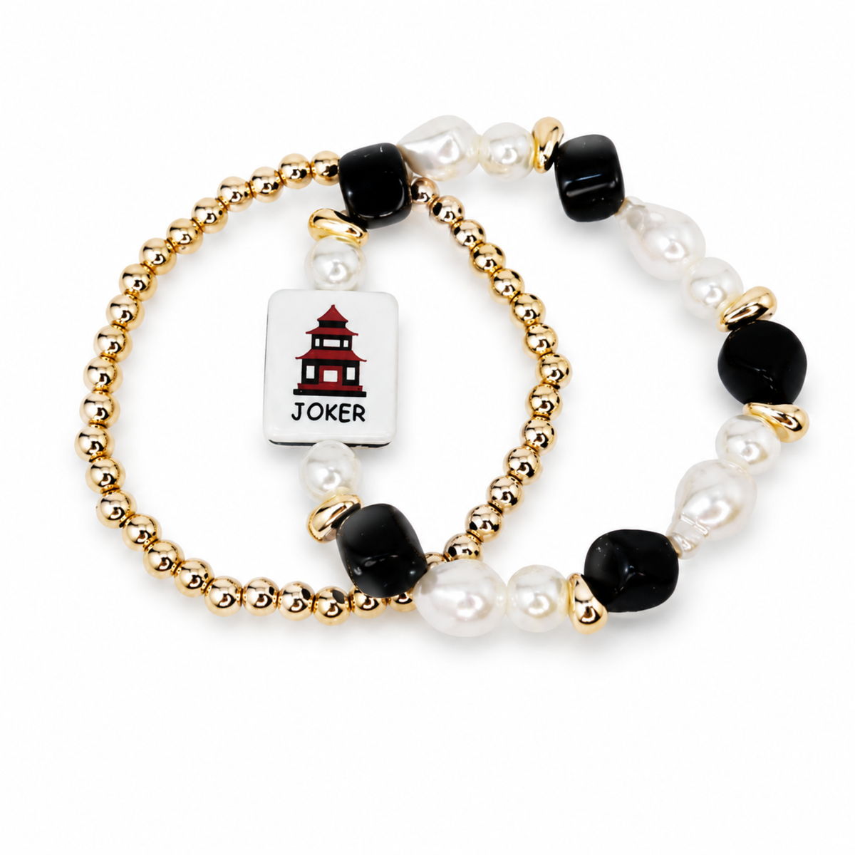 Jade Bamboo Mahjong Tile Beaded Bracelet, 2-Piece Set