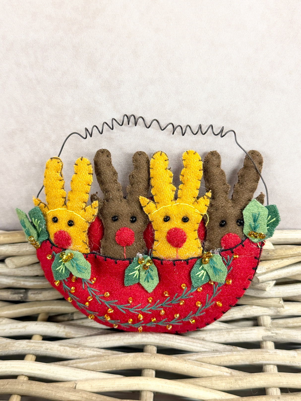 Handmade Four Reindeer Basket Ornament