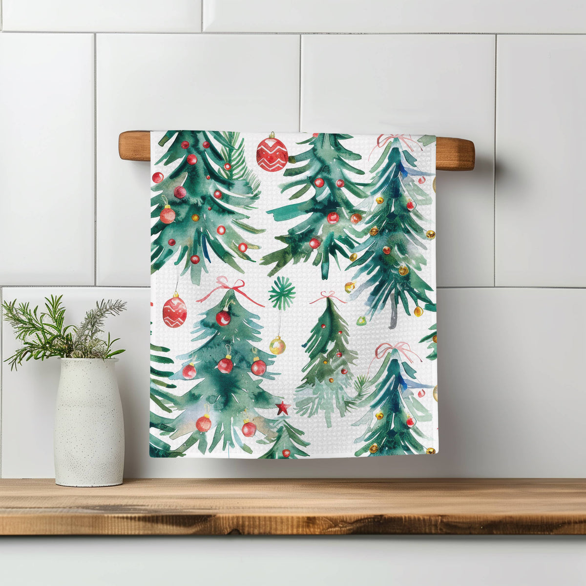Watercolor Christmas Tree Waffle Tea Towel