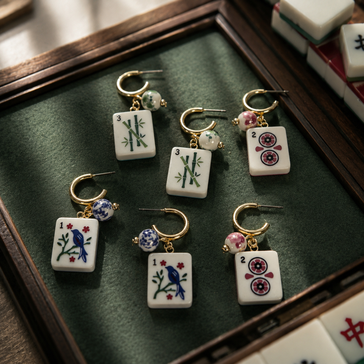 Jade Bamboo Mahjong Tile Charm Hoop Earrings