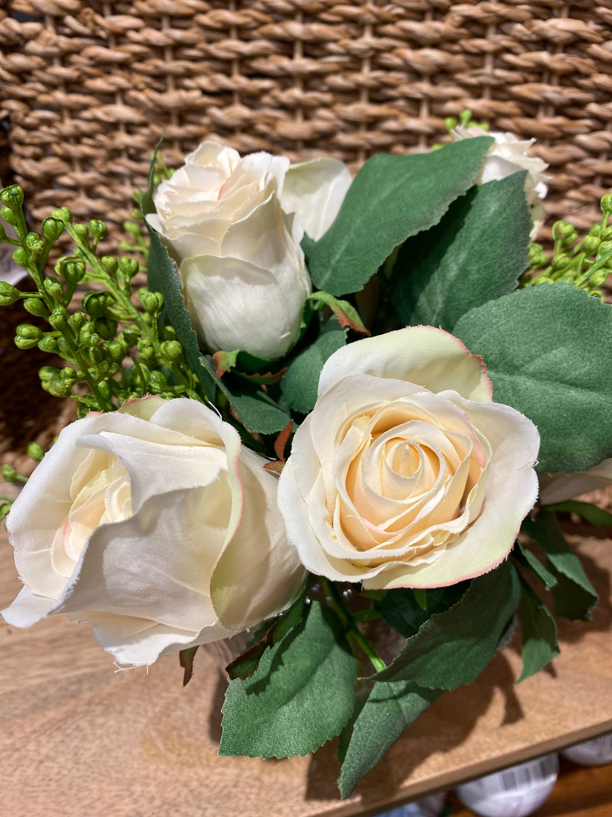 White Rose Sedum In Glass Pot