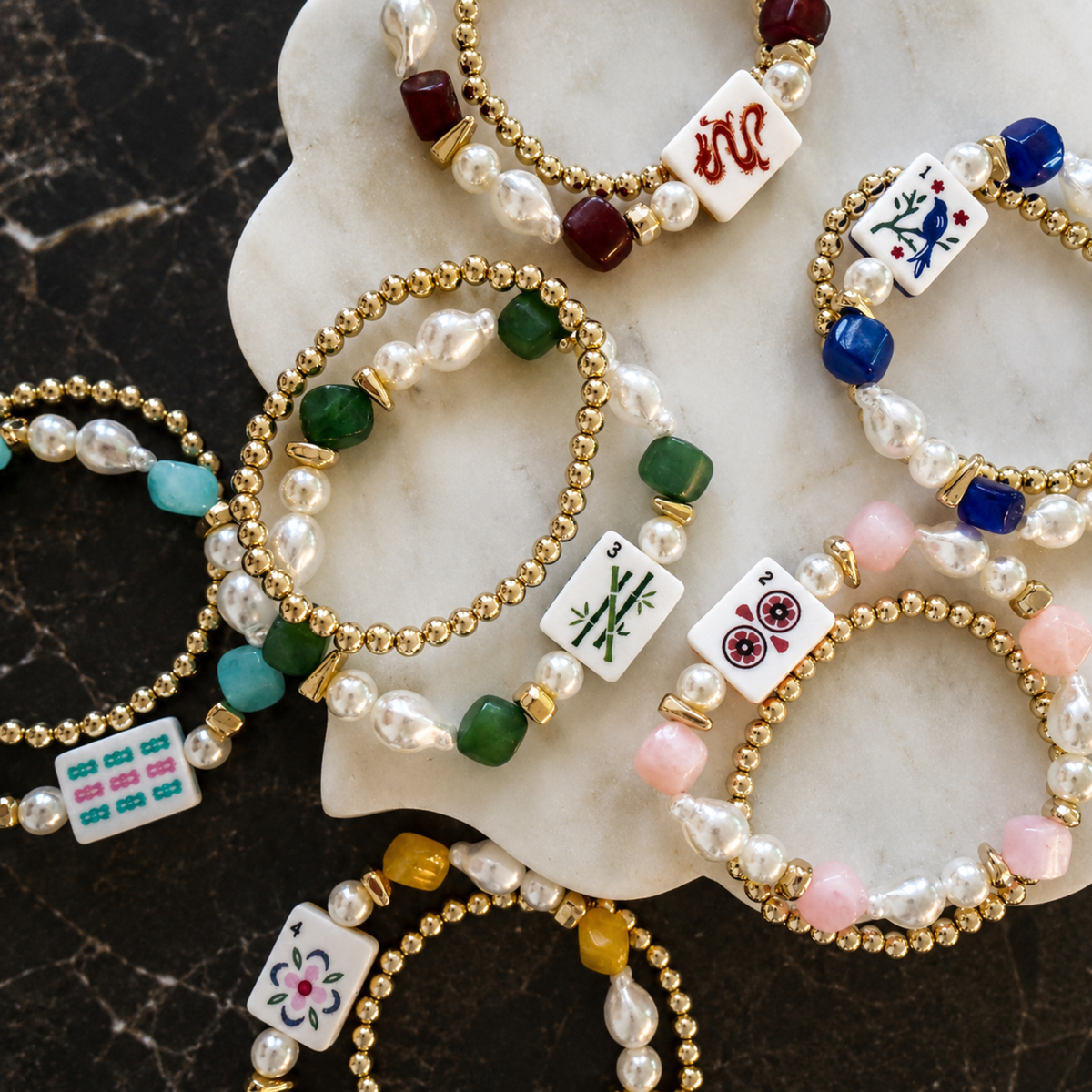 Sunset Dragon Mahjong Tile Beaded Bracelet, 2-Piece Set
