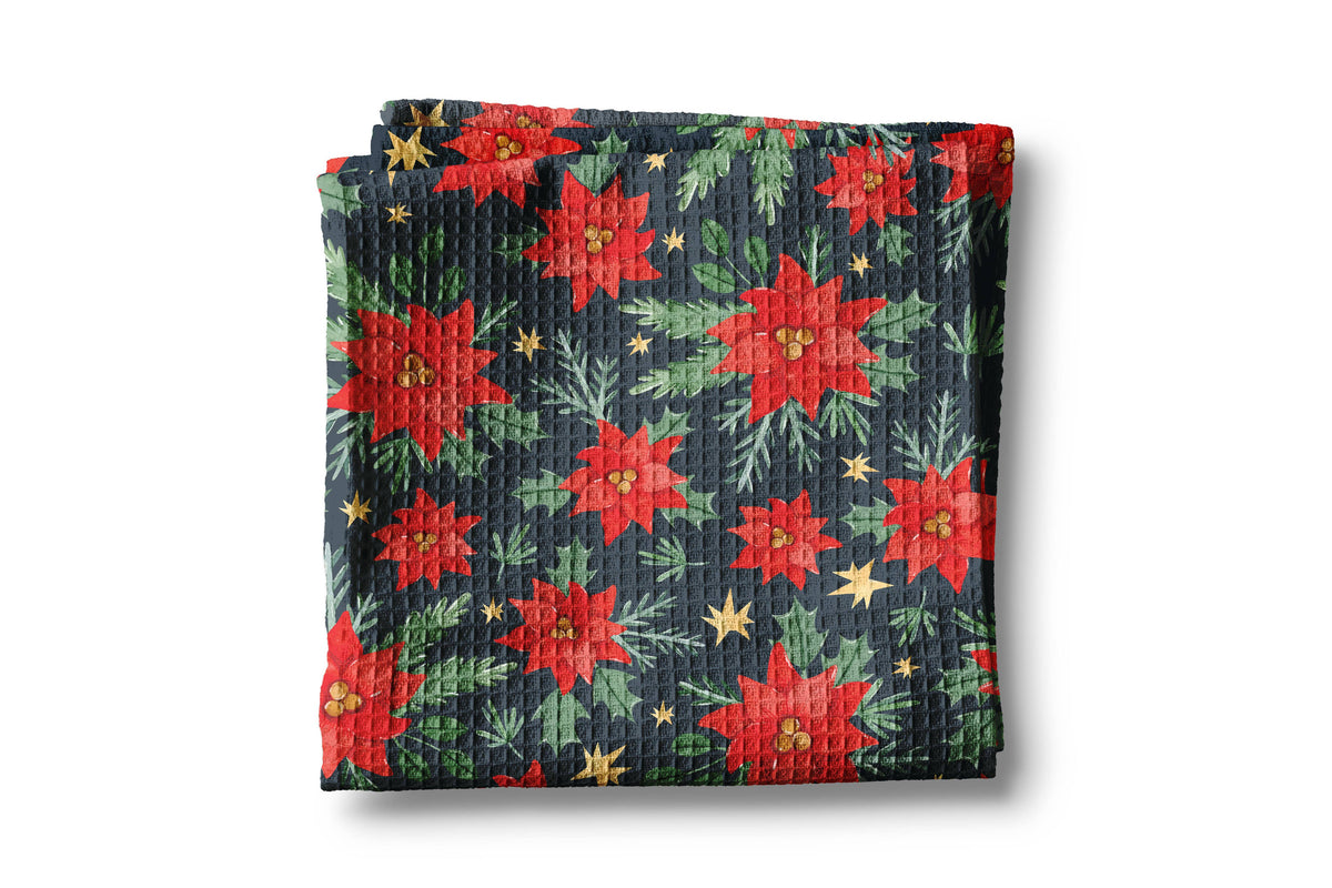 Christmas Red Poinsettia Waffle Tea Towel