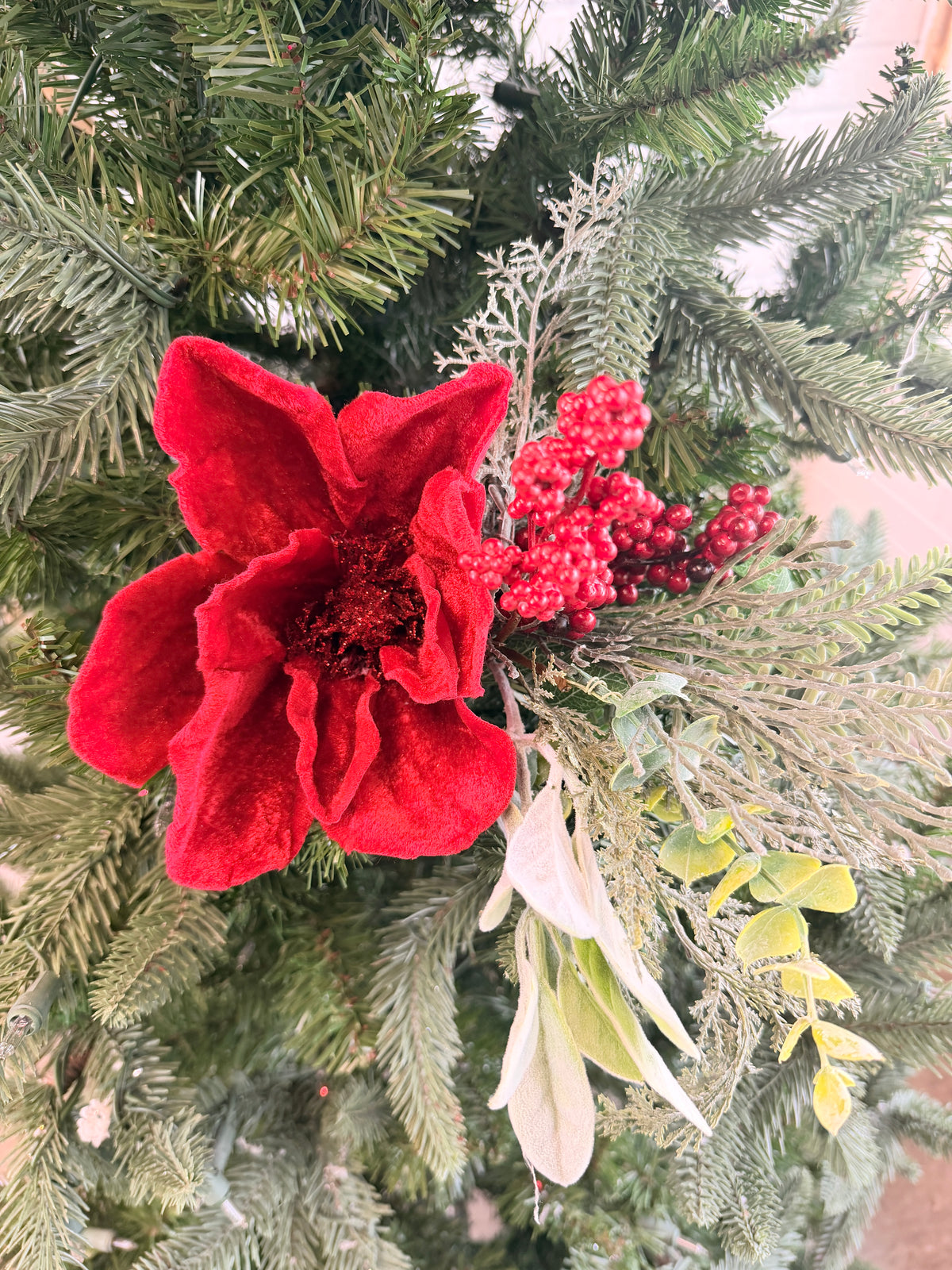 Red Magnolia Flower Berry & Pine Spray