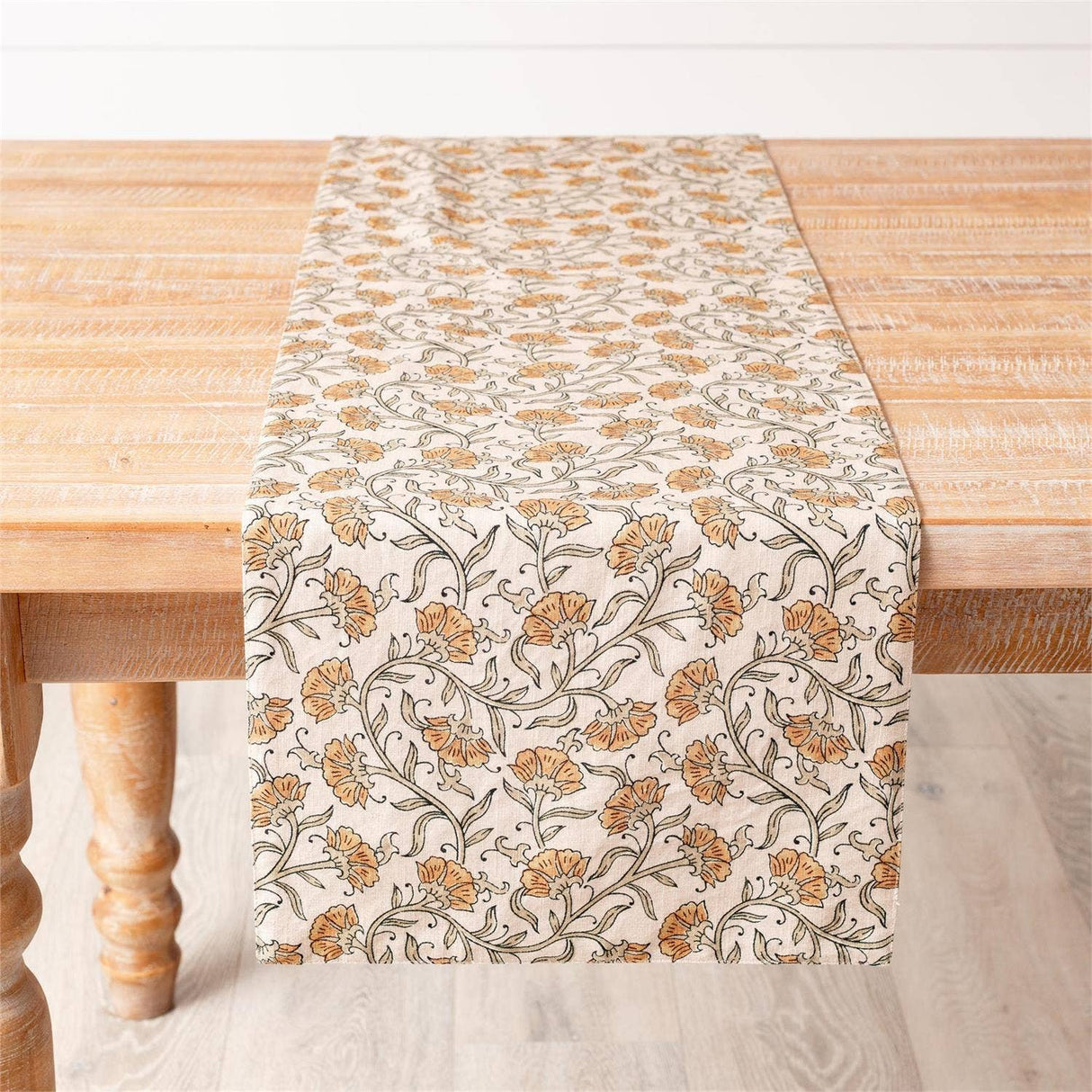 Close-up of block print dandelion table runner detail from Magnolias Home Decor