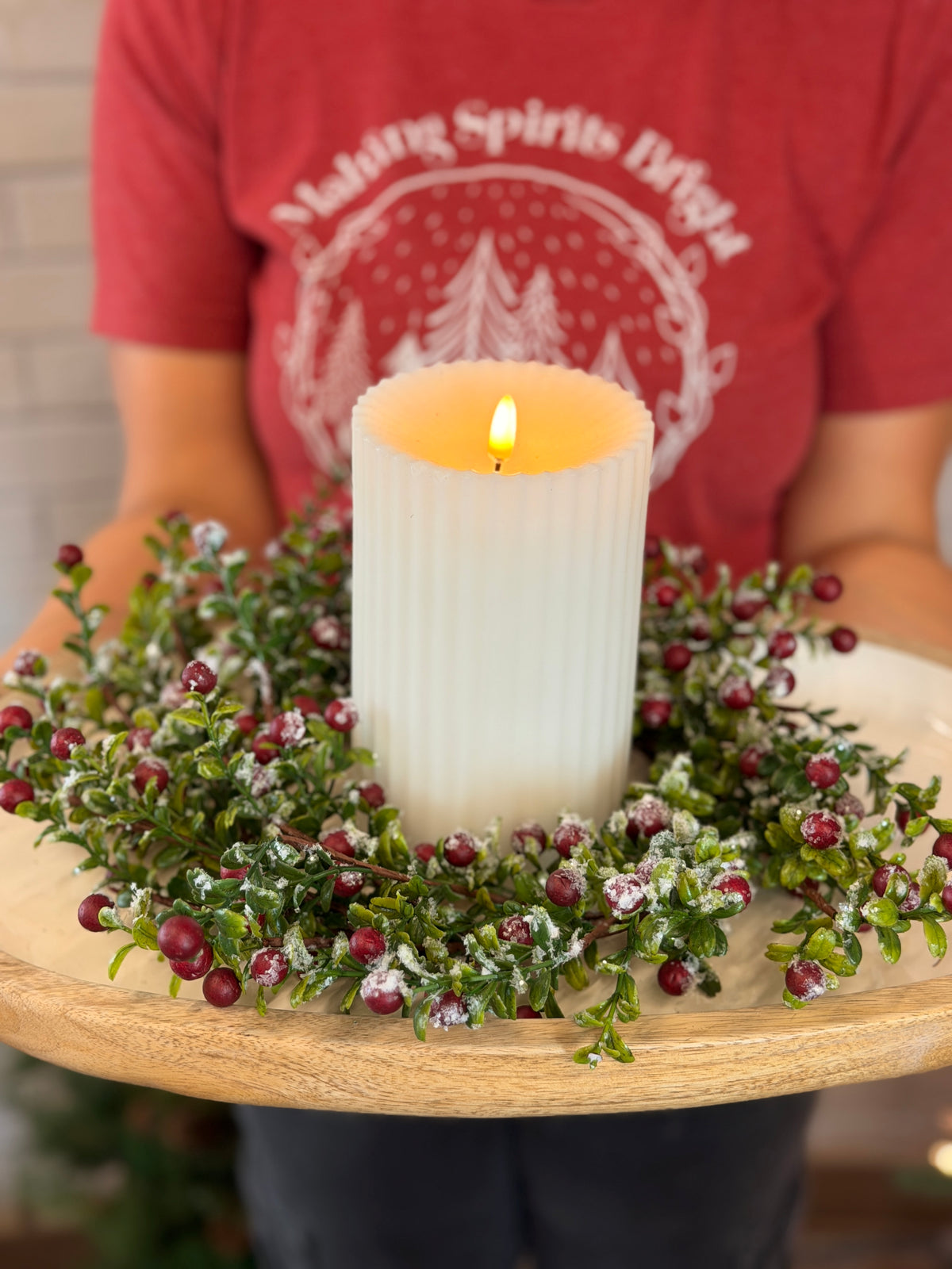 14" Red Snowed Berry Candle Ring