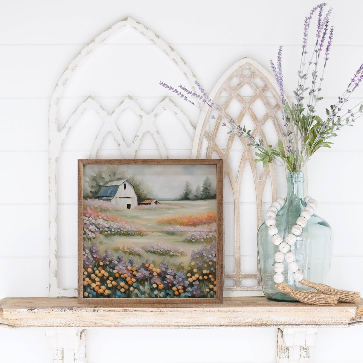 White Barn In Flower Field Wood Art