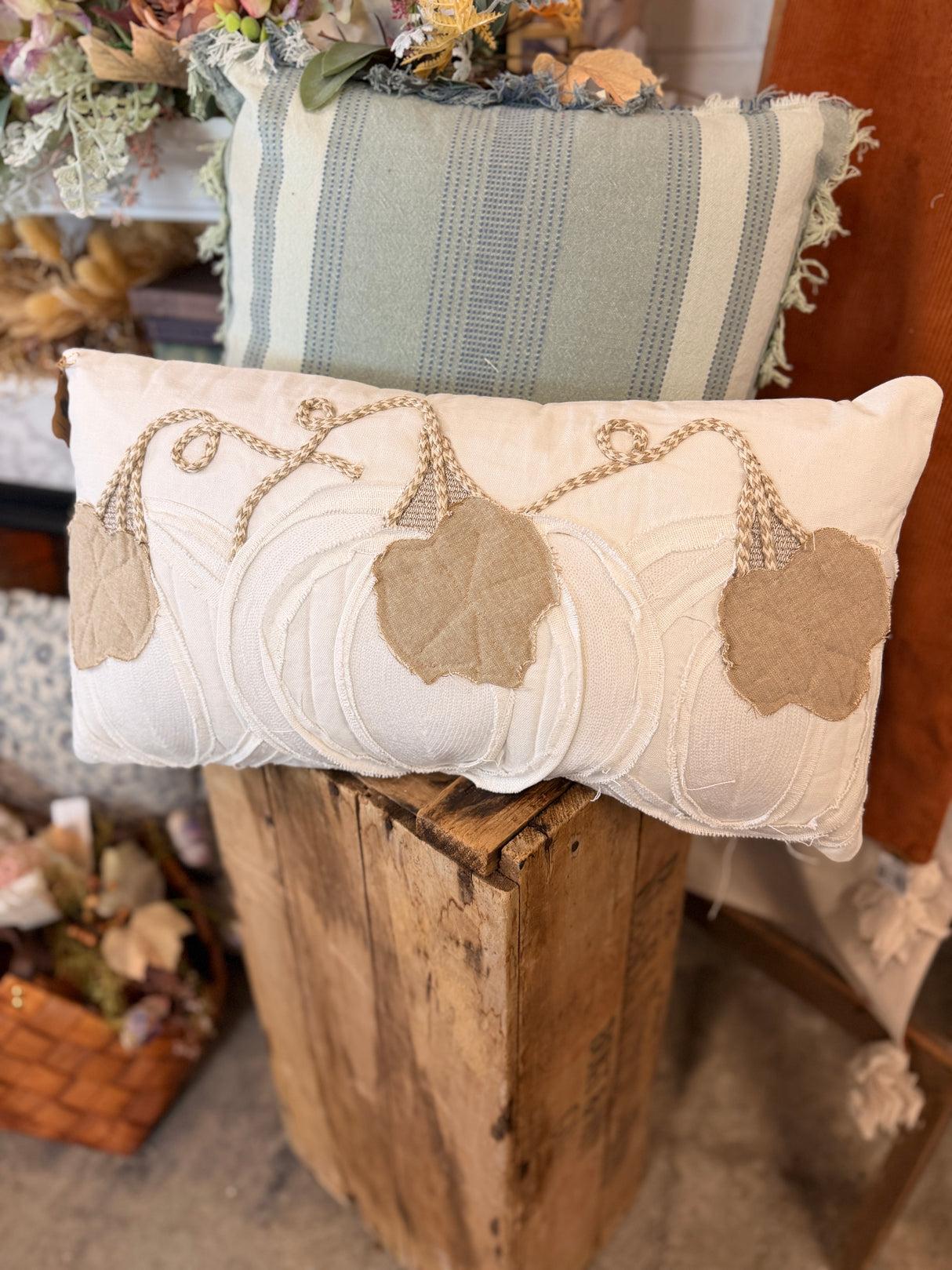Lumbar White Pumpkin Applique Pillow