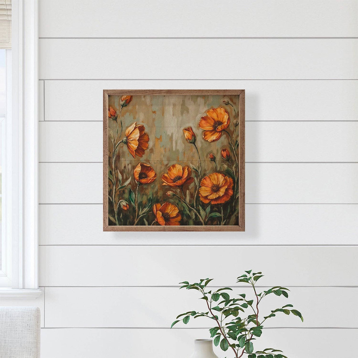 Orange Poppies Dark Grass Wood Art