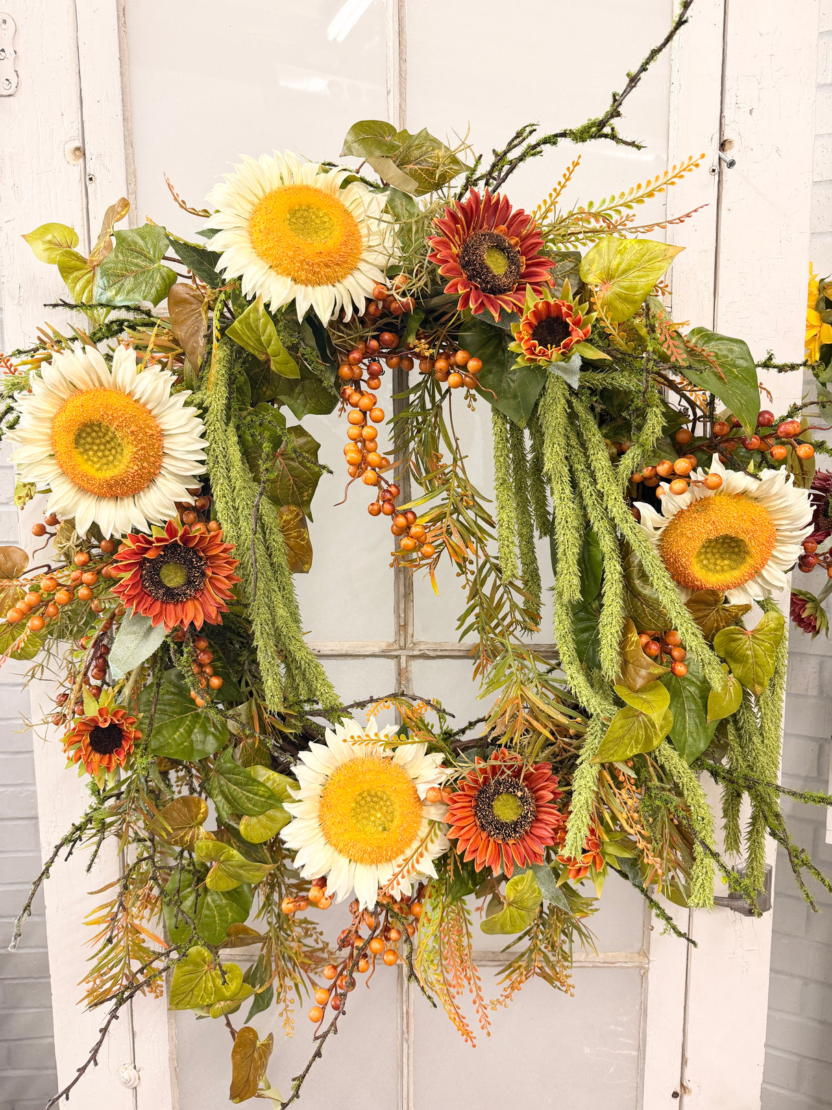 Silk floral rust orange sunflower daze wreath 32 inch handmade outdoor safe for farmhouse traditional fall home decor from Magnolias Home Decor