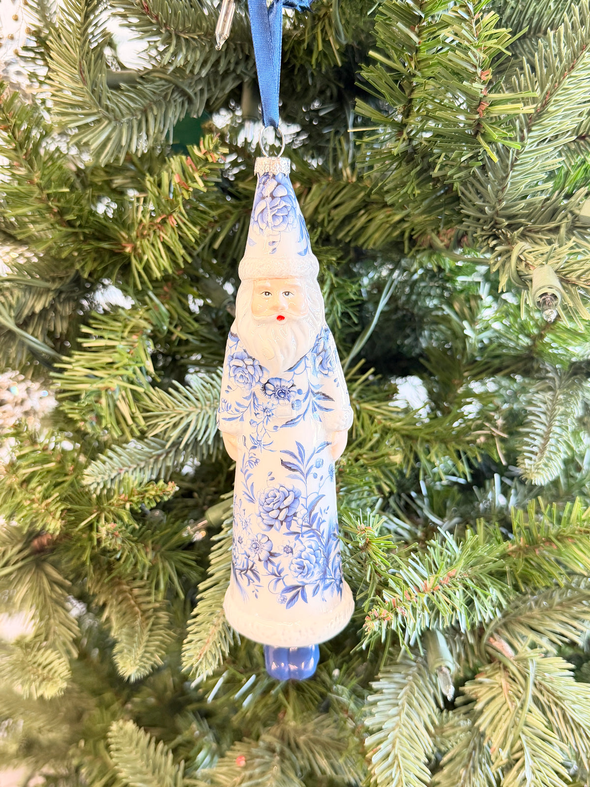 Glass Floral Print Santa Ornament