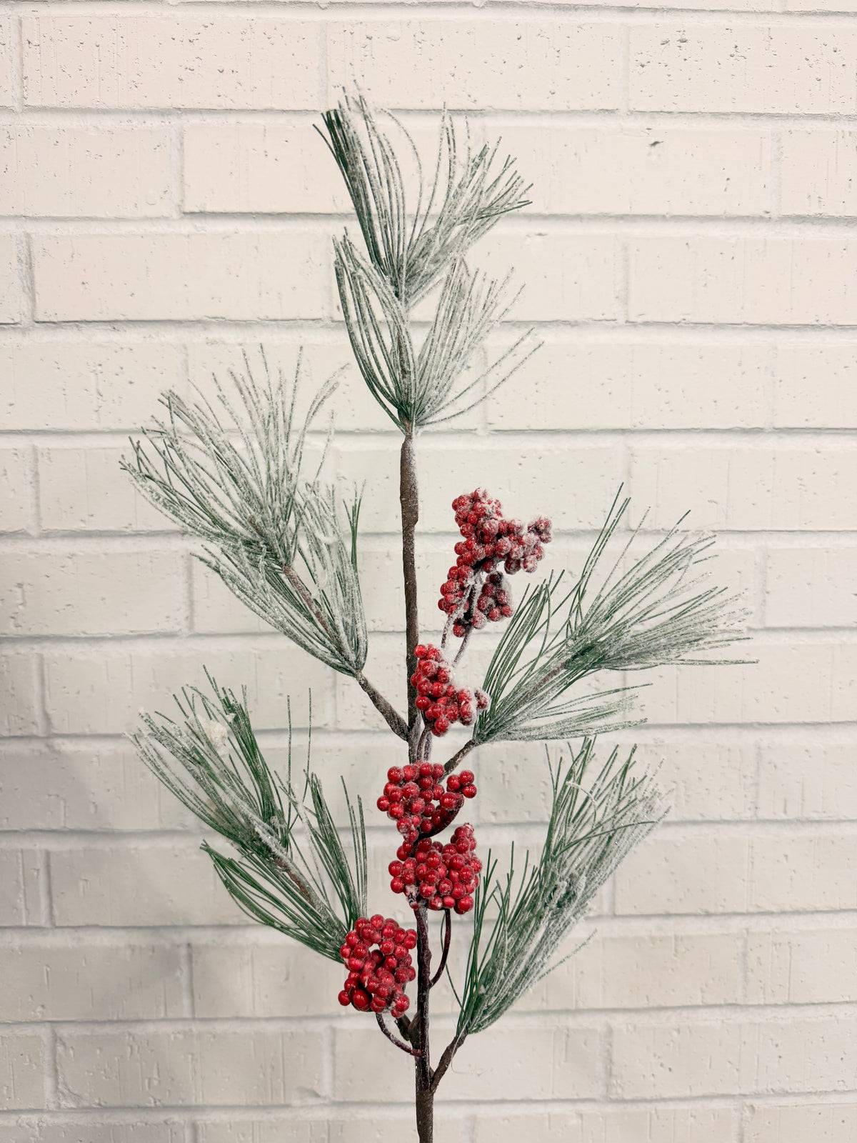 White Green Red Snow Pine Cone Berry Spray