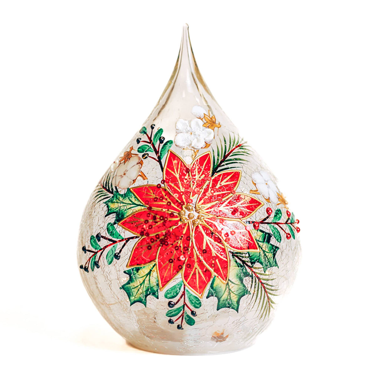 Poinsettia LED Glass Teardrop Luminary