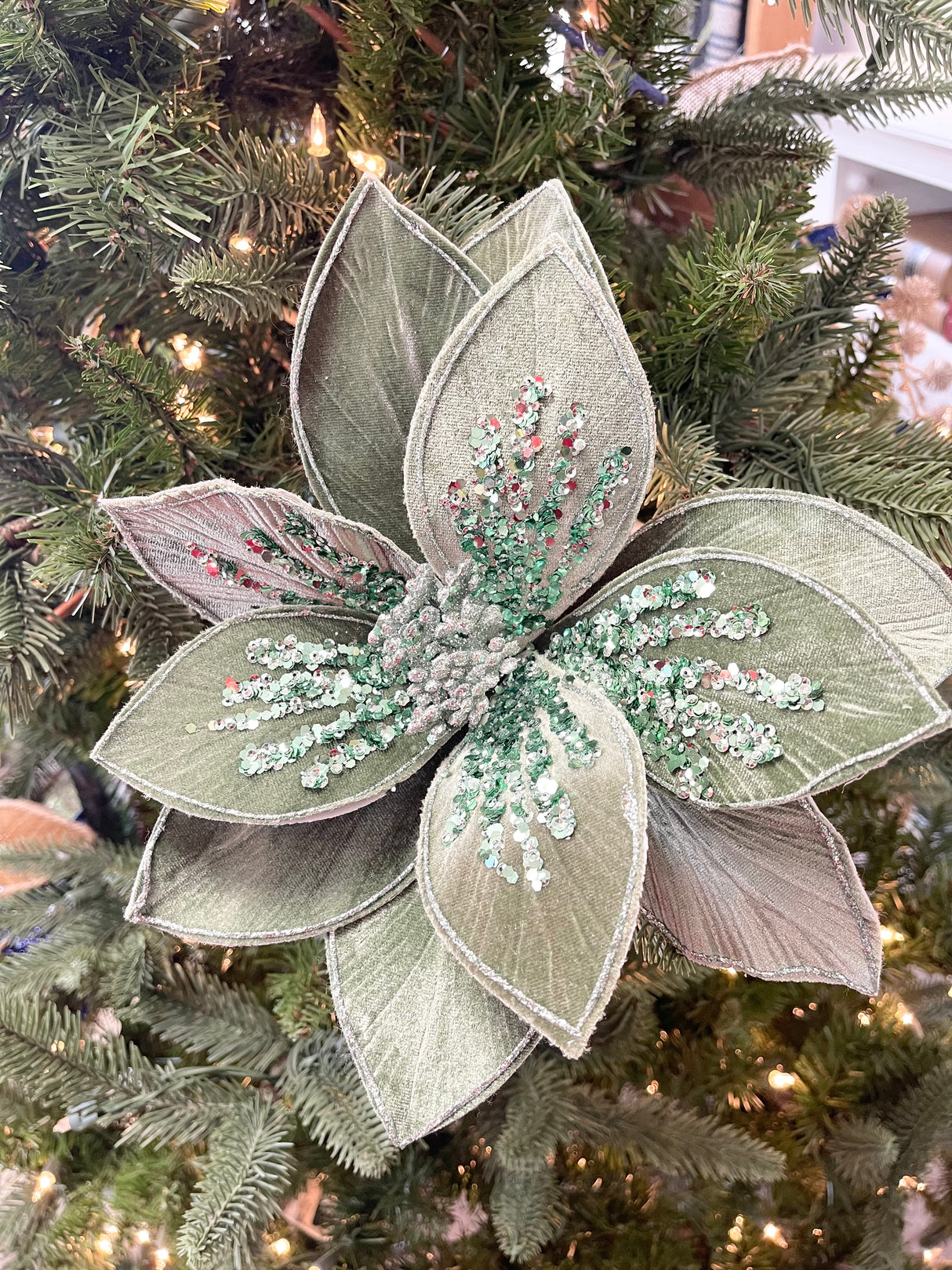 Green Glitter Poinsettia Stem