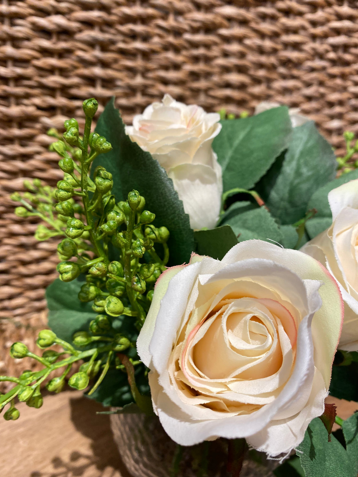 White Rose Sedum In Glass Pot