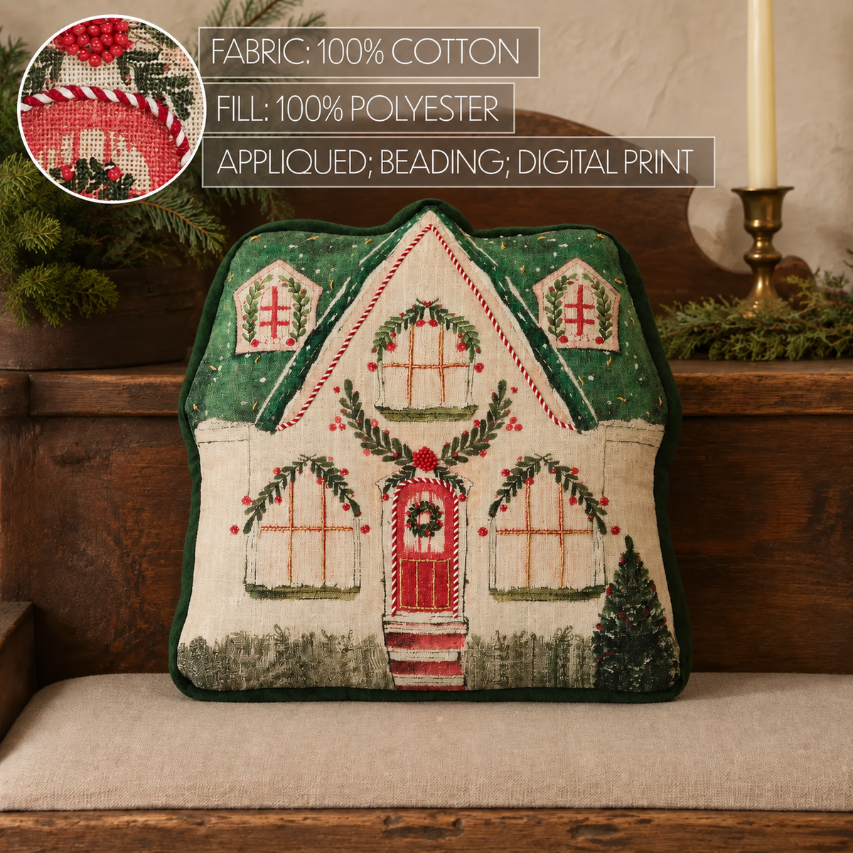 Christmas Cottage Beaded Pillow