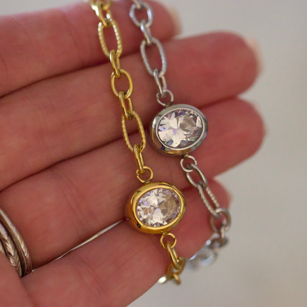 Silver Maren Crystal Link Bracelet Water Resistant Non Tarnish