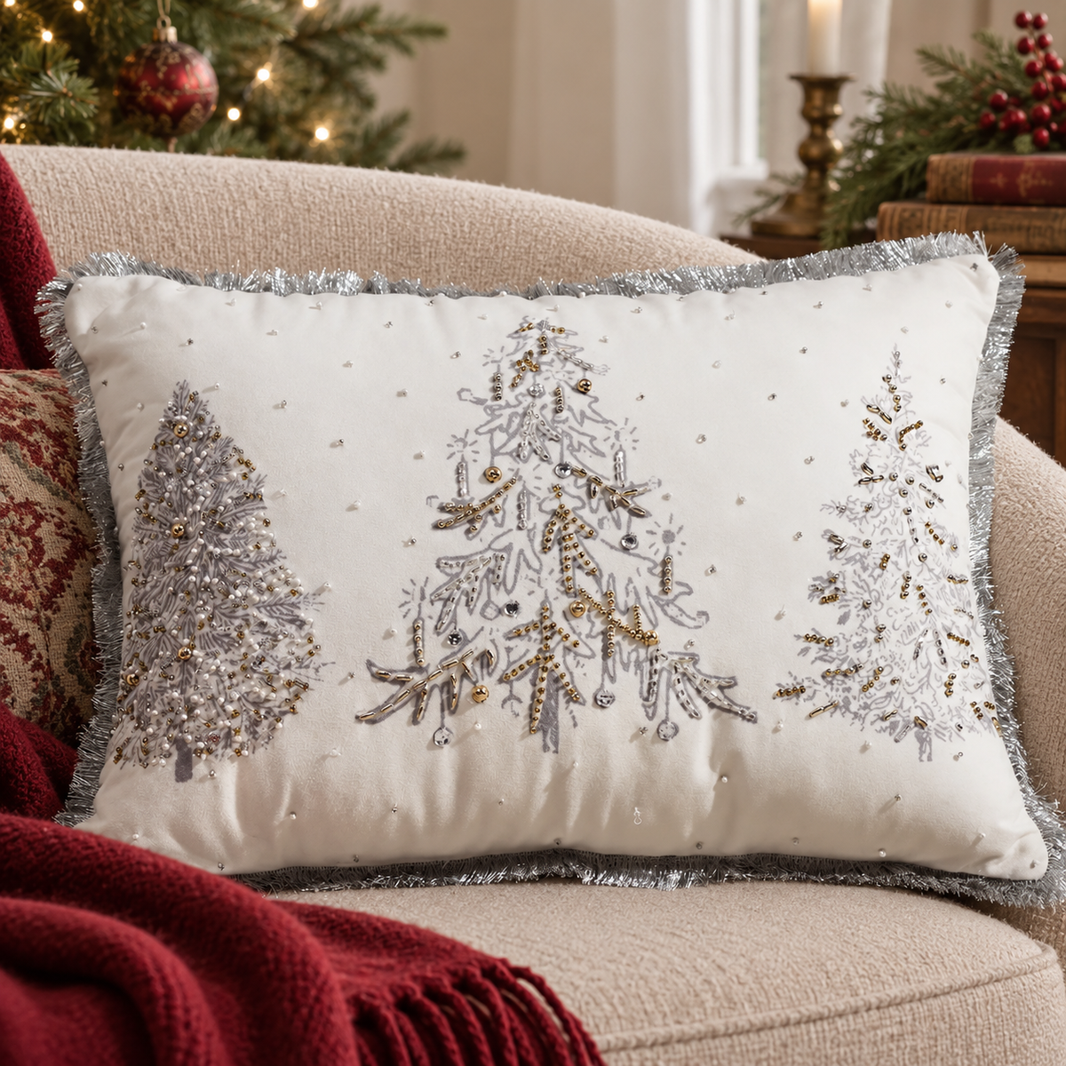 Christmas Tree Embroidered Beaded Pillow
