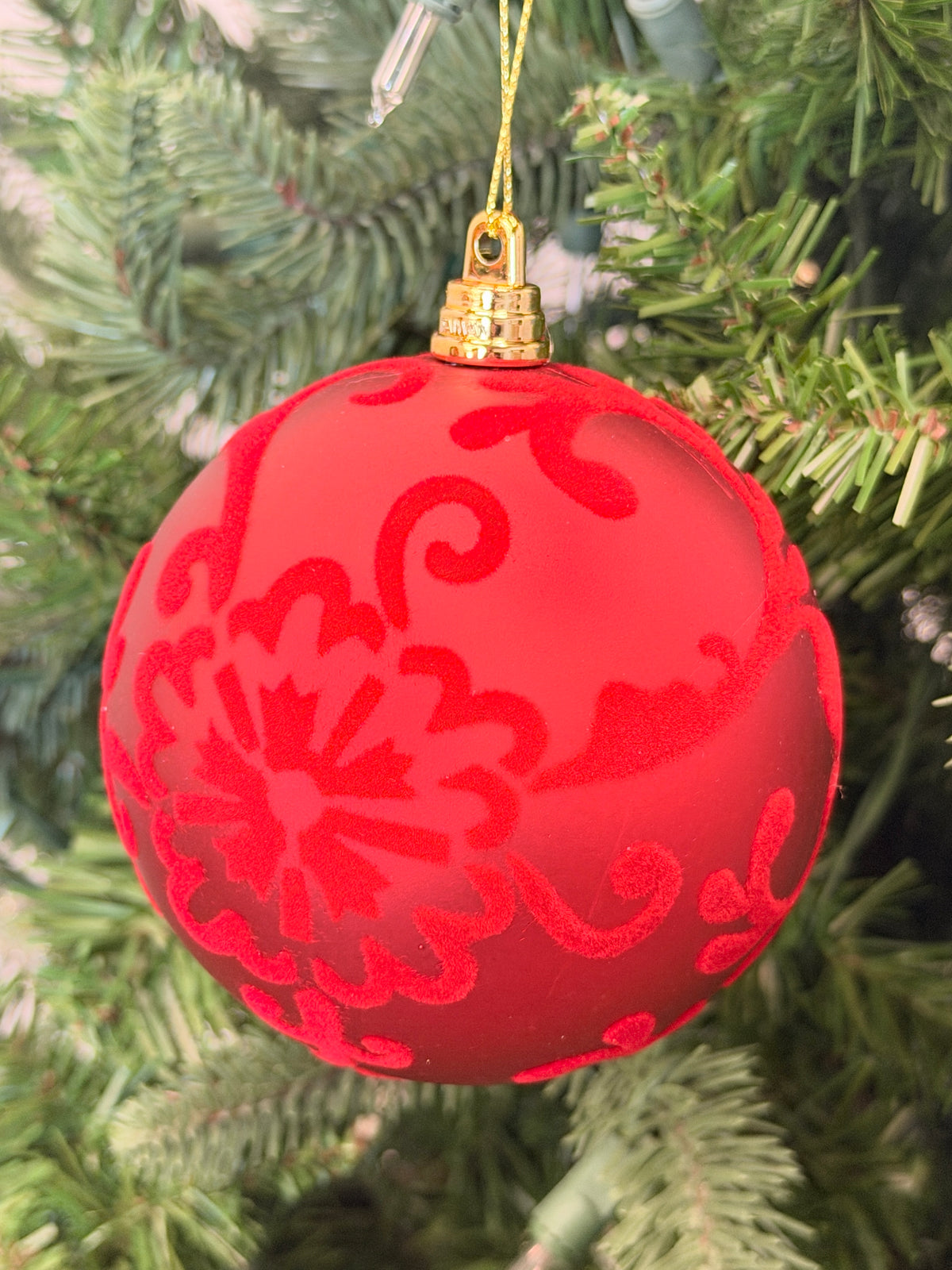 Red Flocked Scroll Ball Ornament