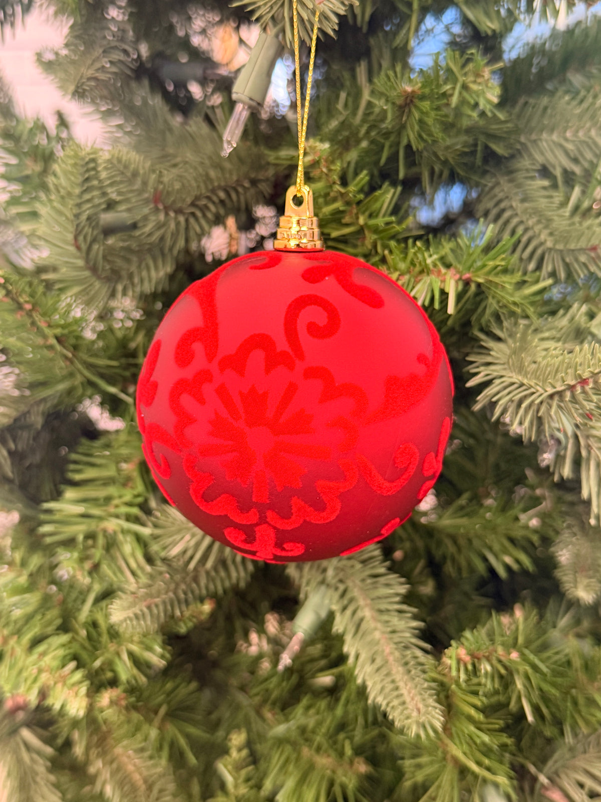 Red Flocked Scroll Ball Ornament