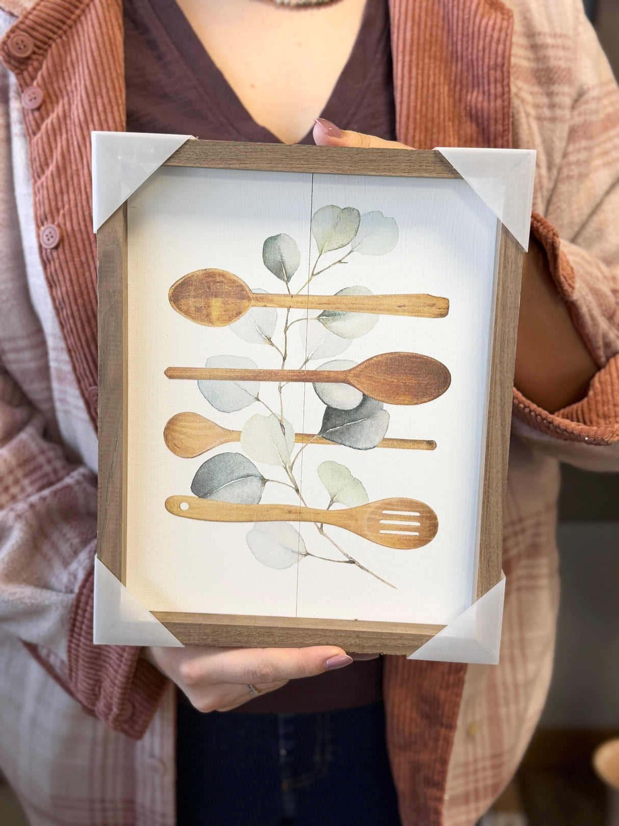 Watercolor Eucalyptus Spoons White Wood Art