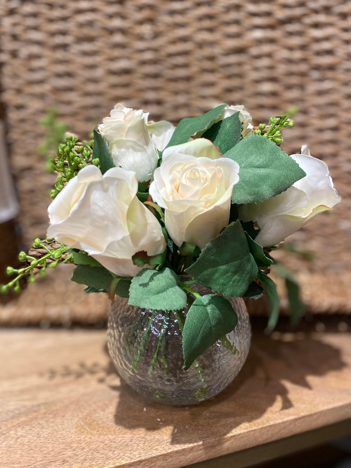 White Rose Sedum In Glass Pot