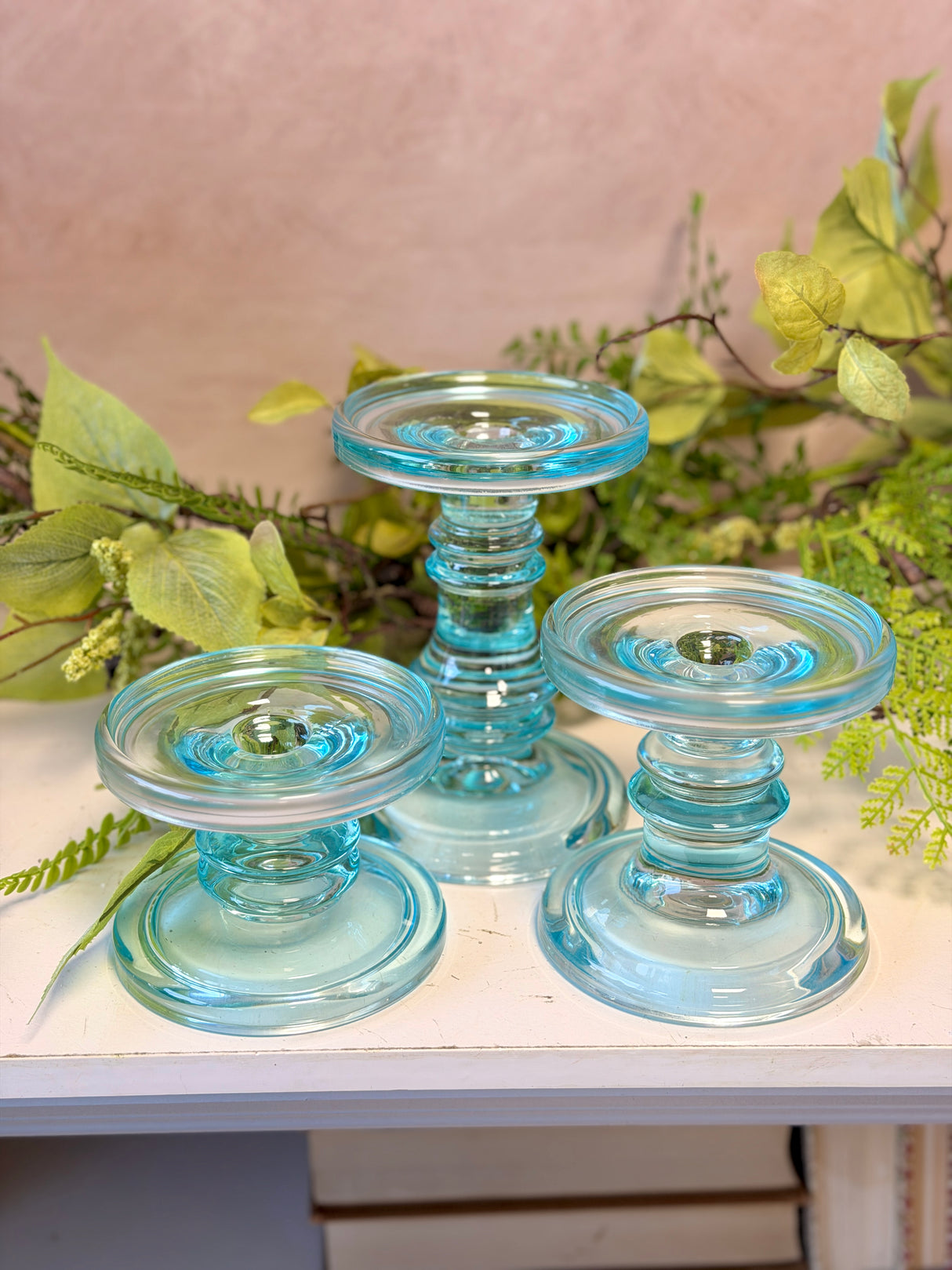 Coastal Blue Glass Candleholder Set of 3