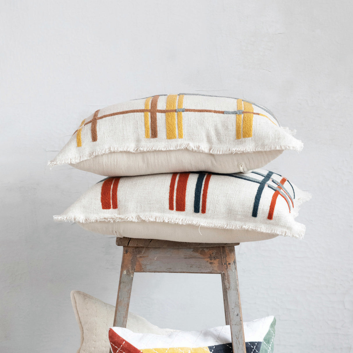 Embroidered Plaid Pillow - 2 Colors