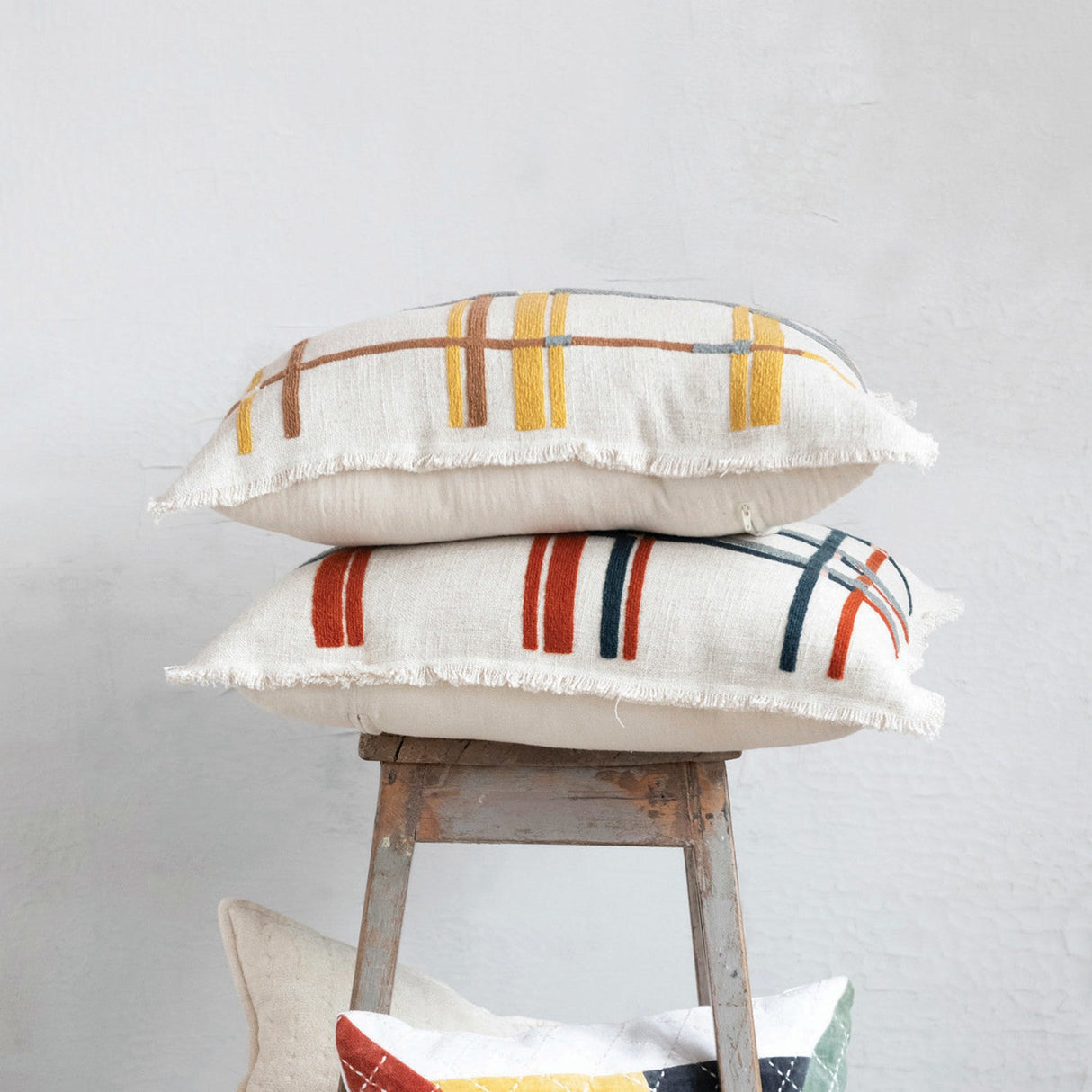 Embroidered Plaid Pillow - 2 Colors