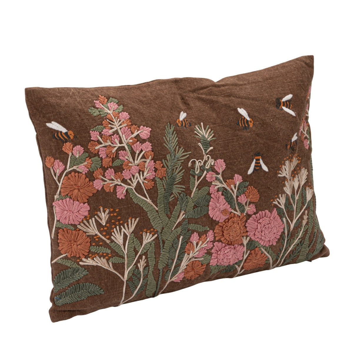 Hand-Embroidered Cotton Slub Lumbar Pillow