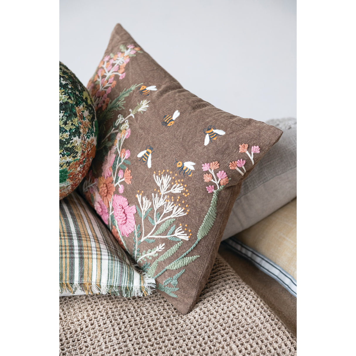 Hand-Embroidered Cotton Slub Lumbar Pillow