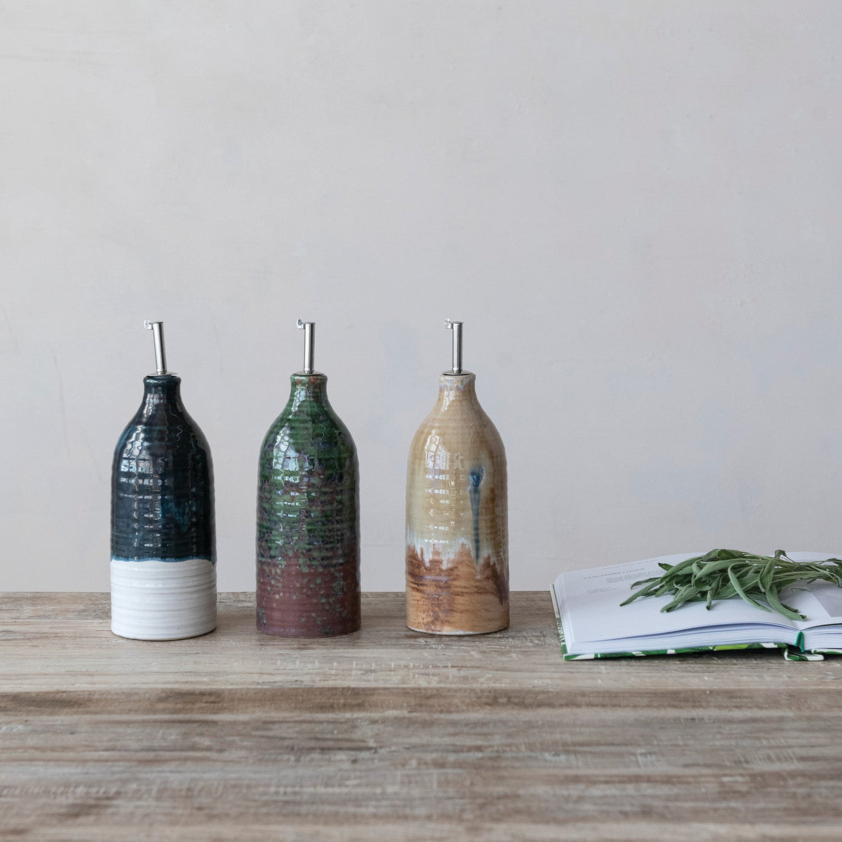 Stoneware Oil Cruet with Spout - 3 Colors