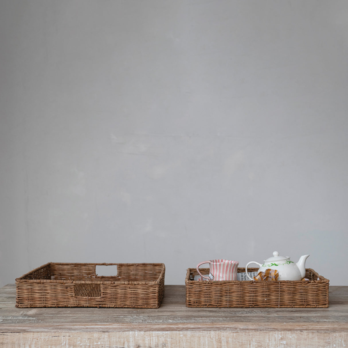 Hand-Woven Rattan Trays with Handles - 2 Sizes