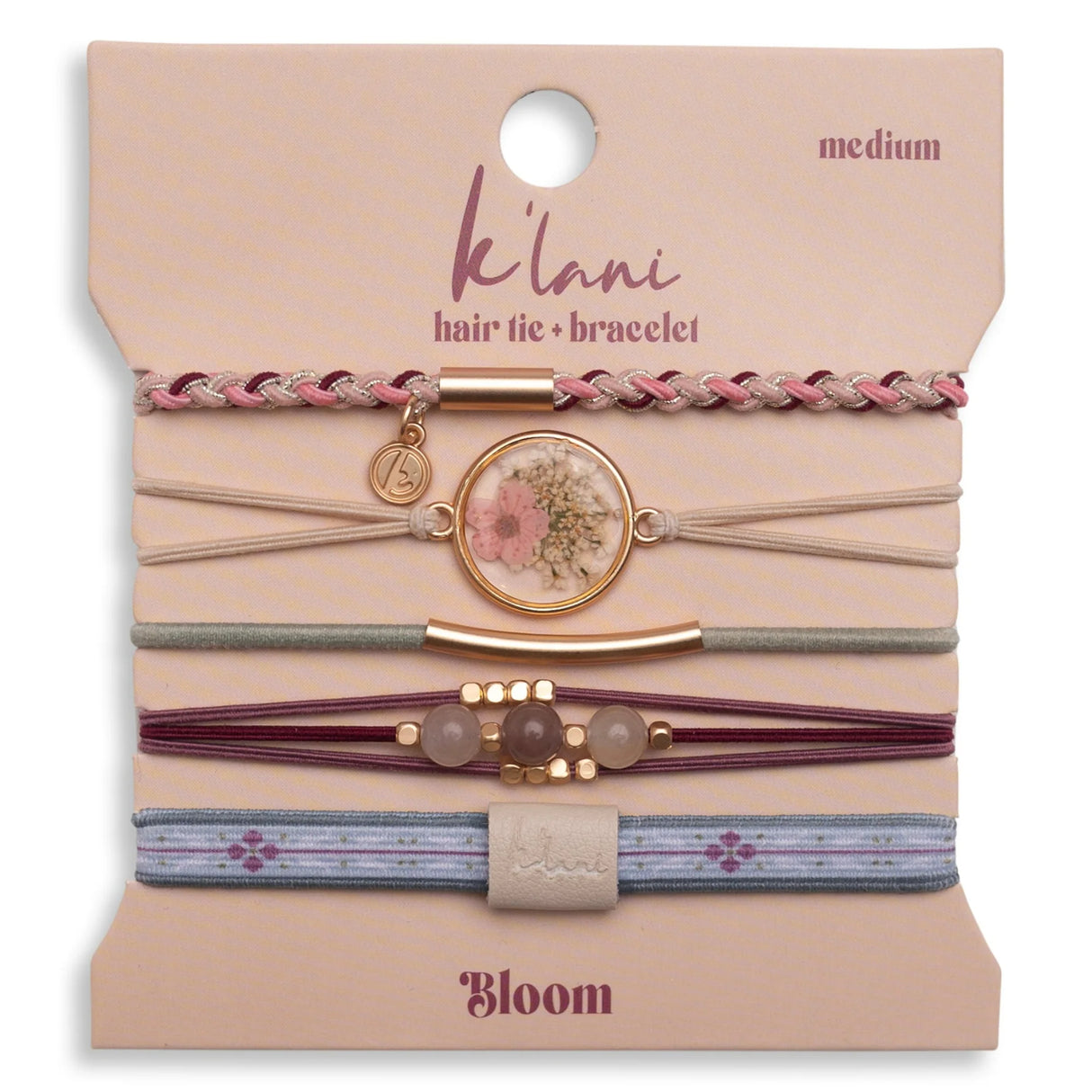 Bloom Maroon & Pink Pressed Flowers Hair Tie Bracelet Set
