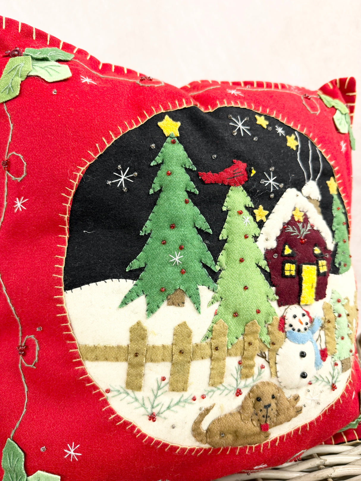 Handmade Snowman & House Pillow