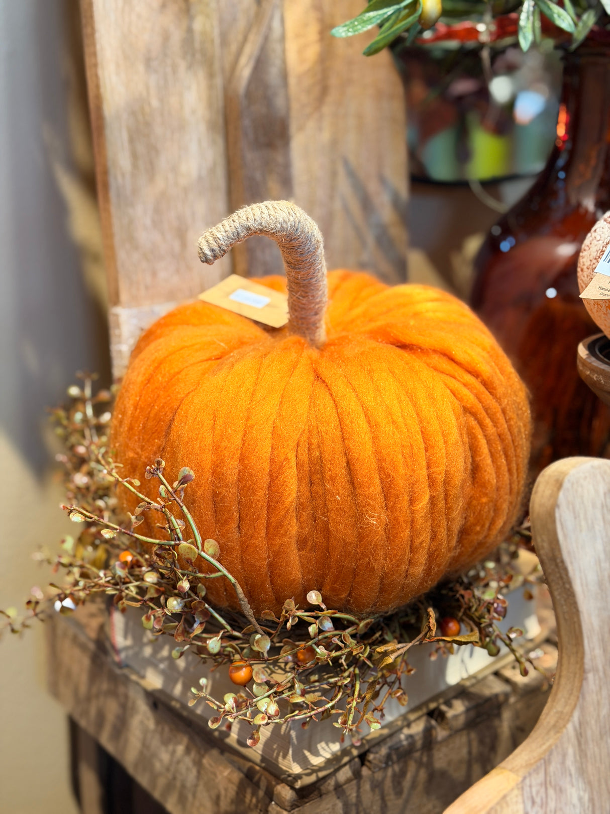 Orange Wool Pumpkin with Jute Wrapped Stem