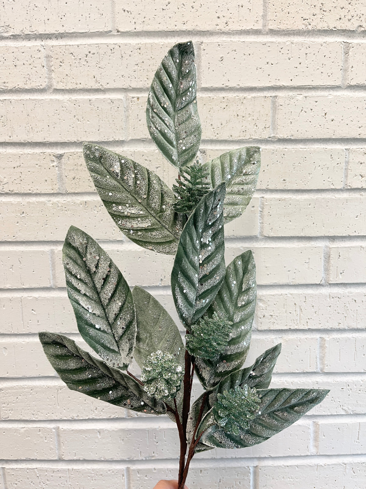 Green Velvet Glitter Cone Leaf Spray